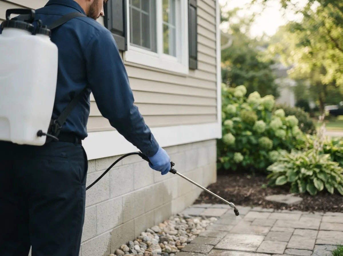 Pest control technician inspecting a home in Junior, WV